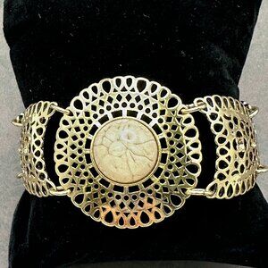 VTG Shofel Bros. Art Deco Gold-Tone Filigree and Art Glass Faux Opal Bracelet